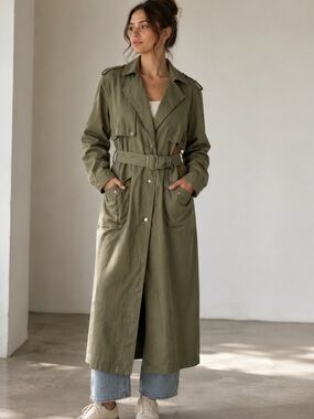 Vintage Together olive green, military-style trench coat cotton w/ leather trim